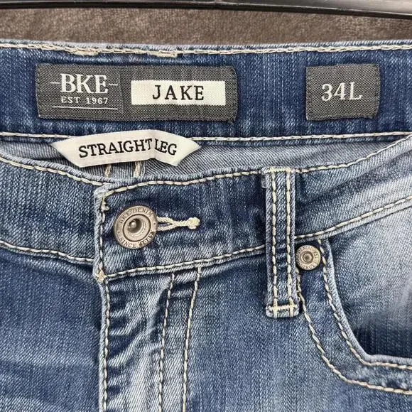 BKE Jake Jeans Mens 34x34/32 Blue Medium Wash Straight Denim Embroidered Pockets - Picture 4 of 9